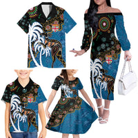 Fiji Palm Tree and Australia Kangaroo Family Matching Off The Shoulder Long Sleeve Dress and Hawaiian Shirt Aboriginal Mix Tapa Pattern LT03 - Polynesian Pride