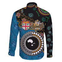 Fiji Palm Tree and Australia Kangaroo Family Matching Off The Shoulder Long Sleeve Dress and Hawaiian Shirt Aboriginal Mix Tapa Pattern LT03 - Polynesian Pride