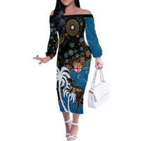 Fiji Palm Tree and Australia Kangaroo Family Matching Off The Shoulder Long Sleeve Dress and Hawaiian Shirt Aboriginal Mix Tapa Pattern LT03 Mom's Dress Blue - Polynesian Pride