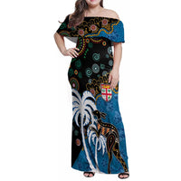 Fiji Palm Tree and Australia Kangaroo Family Matching Off Shoulder Maxi Dress and Hawaiian Shirt Aboriginal Mix Tapa Pattern LT03 Mom's Dress Blue - Polynesian Pride