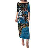 Fiji Palm Tree and Australia Kangaroo Family Matching Puletasi and Hawaiian Shirt Aboriginal Mix Tapa Pattern