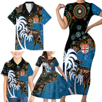 Fiji Palm Tree and Australia Kangaroo Family Matching Short Sleeve Bodycon Dress and Hawaiian Shirt Aboriginal Mix Tapa Pattern LT03 - Polynesian Pride