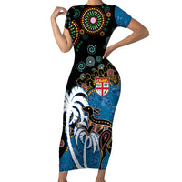 Fiji Palm Tree and Australia Kangaroo Family Matching Short Sleeve Bodycon Dress and Hawaiian Shirt Aboriginal Mix Tapa Pattern LT03 Mom's Dress Blue - Polynesian Pride
