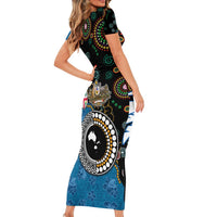 Fiji Palm Tree and Australia Kangaroo Family Matching Short Sleeve Bodycon Dress and Hawaiian Shirt Aboriginal Mix Tapa Pattern LT03 - Polynesian Pride