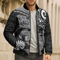 Aotearoa Maori Sea Animals Tribal Bomber Puffer Jacket Manta Ray and Shark Moko Pattern Black Color