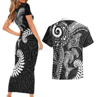 Aotearoa Maori Sea Animals Tribal Couples Matching Short Sleeve Bodycon Dress and Hawaiian Shirt Manta Ray and Shark Moko Pattern Black Color LT03 - Polynesian Pride