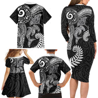 Aotearoa Maori Sea Animals Tribal Family Matching Long Sleeve Bodycon Dress and Hawaiian Shirt Manta Ray and Shark Moko Pattern Black Color LT03 - Polynesian Pride