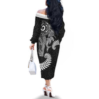 Aotearoa Maori Sea Animals Tribal Family Matching Off The Shoulder Long Sleeve Dress and Hawaiian Shirt Manta Ray and Shark Moko Pattern Black Color LT03 - Polynesian Pride