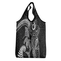Aotearoa Maori Sea Animals Tribal Grocery Bag Manta Ray and Shark Moko Pattern Black Color