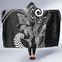Aotearoa Maori Sea Animals Tribal Hooded Blanket Manta Ray and Shark Moko Pattern Black Color