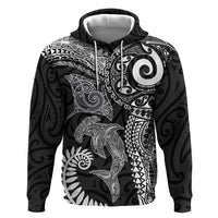 Aotearoa Maori Sea Animals Tribal Hoodie Manta Ray and Shark Moko Pattern Black Color LT03 Pullover Hoodie Black - Polynesian Pride
