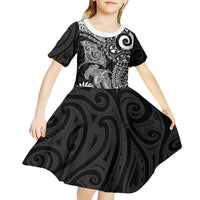 Aotearoa Maori Sea Animals Tribal Kid Short Sleeve Dress Manta Ray and Shark Moko Pattern Black Color LT03 - Polynesian Pride