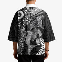 Aotearoa Maori Sea Animals Tribal Kimono Manta Ray and Shark Moko Pattern Black Color