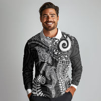 Aotearoa Maori Sea Animals Tribal Long Sleeve Polo Shirt Manta Ray and Shark Moko Pattern Black Color LT03 - Polynesian Pride