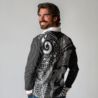 Aotearoa Maori Sea Animals Tribal Long Sleeve Polo Shirt Manta Ray and Shark Moko Pattern Black Color LT03 - Polynesian Pride