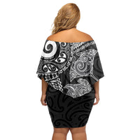 Aotearoa Maori Sea Animals Tribal Off Shoulder Short Dress Manta Ray and Shark Moko Pattern Black Color LT03 - Polynesian Pride