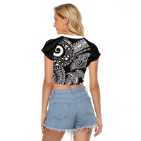 Aotearoa Maori Sea Animals Tribal Raglan Cropped T Shirt Manta Ray and Shark Moko Pattern Black Color LT03 - Polynesian Pride
