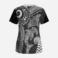 Aotearoa Maori Sea Animals Tribal Scrub Top Manta Ray and Shark Moko Pattern Black Color