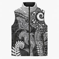 Aotearoa Maori Sea Animals Tribal Sleeveless Puffer Jacket Manta Ray and Shark Moko Pattern Black Color
