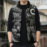 Aotearoa Maori Sea Animals Tribal Sleeveless Puffer Jacket Manta Ray and Shark Moko Pattern Black Color