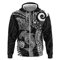 Aotearoa Maori Sea Animals Tribal Zip Hoodie Manta Ray and Shark Moko Pattern Black Color LT03 Zip Hoodie Black - Polynesian Pride