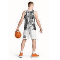 Aotearoa Maori Sea Animals Tribal Basketball Jersey Manta Ray and Shark Moko Pattern White Color LT03 - Polynesian Pride
