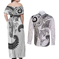 Aotearoa Maori Sea Animals Tribal Couples Matching Off Shoulder Maxi Dress and Long Sleeve Button Shirt Manta Ray and Shark Moko Pattern White Color LT03 - Polynesian Pride