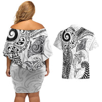 Aotearoa Maori Sea Animals Tribal Couples Matching Off Shoulder Short Dress and Hawaiian Shirt Manta Ray and Shark Moko Pattern White Color LT03 - Polynesian Pride