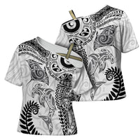 Aotearoa Maori Sea Animals Tribal Cross Shoulder Shirt Manta Ray and Shark Moko Pattern White Color LT03 - Polynesian Pride