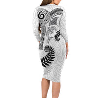 Aotearoa Maori Sea Animals Tribal Family Matching Long Sleeve Bodycon Dress and Hawaiian Shirt Manta Ray and Shark Moko Pattern White Color LT03 - Polynesian Pride