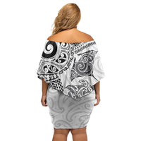 Aotearoa Maori Sea Animals Tribal Family Matching Off Shoulder Short Dress and Hawaiian Shirt Manta Ray and Shark Moko Pattern White Color LT03 - Polynesian Pride