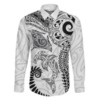 Aotearoa Maori Sea Animals Tribal Family Matching Summer Maxi Dress and Hawaiian Shirt Manta Ray and Shark Moko Pattern White Color LT03 Dad's Shirt - Long Sleeve White - Polynesian Pride