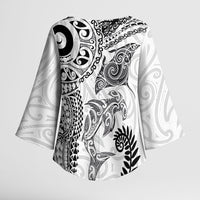 Aotearoa Maori Sea Animals Tribal Kimono Sleeve Blouse Manta Ray and Shark Moko Pattern White Color