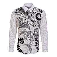 Aotearoa Maori Sea Animals Tribal Long Sleeve Button Shirt Manta Ray and Shark Moko Pattern White Color