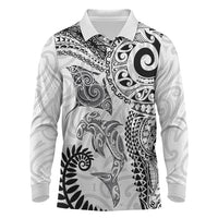 Aotearoa Maori Sea Animals Tribal Long Sleeve Polo Shirt Manta Ray and Shark Moko Pattern White Color LT03 White - Polynesian Pride