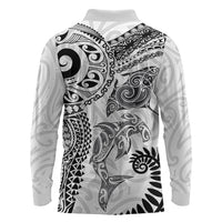 Aotearoa Maori Sea Animals Tribal Long Sleeve Polo Shirt Manta Ray and Shark Moko Pattern White Color LT03 - Polynesian Pride