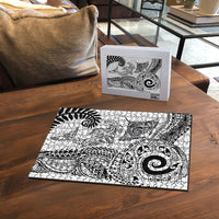 Aotearoa Maori Sea Animals Tribal Puzzle Manta Ray and Shark Moko Pattern White Color