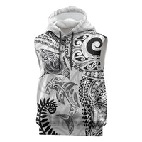 Aotearoa Maori Sea Animals Tribal Sleeveless Hoodie Manta Ray and Shark Moko Pattern White Color LT03 White - Polynesian Pride