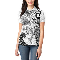 Aotearoa Maori Sea Animals Tribal Women Polo Shirt Manta Ray and Shark Moko Pattern White Color LT03 - Polynesian Pride