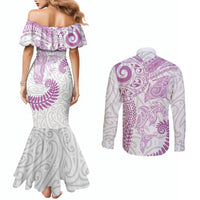 Aotearoa Maori Sea Animals Tribal Couples Matching Mermaid Dress and Long Sleeve Button Shirt Manta Ray and Shark Moko Pattern Pink Color LT03 - Polynesian Pride