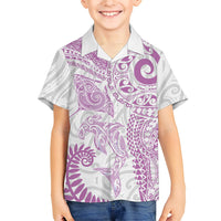 Aotearoa Maori Sea Animals Tribal Family Matching Short Sleeve Bodycon Dress and Hawaiian Shirt Manta Ray and Shark Moko Pattern Pink Color LT03 Son's Shirt Pink - Polynesian Pride