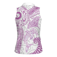 Aotearoa Maori Sea Animals Tribal Women Sleeveless Polo Shirt Manta Ray and Shark Moko Pattern Pink Color LT03 - Polynesian Pride
