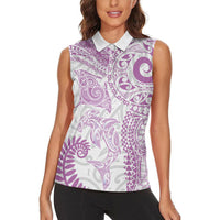 Aotearoa Maori Sea Animals Tribal Women Sleeveless Polo Shirt Manta Ray and Shark Moko Pattern Pink Color LT03 - Polynesian Pride