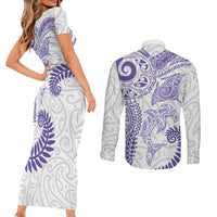 Aotearoa Maori Sea Animals Tribal Couples Matching Short Sleeve Bodycon Dress and Long Sleeve Button Shirt Manta Ray and Shark Moko Pattern Purple Color LT03 - Polynesian Pride