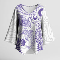 Aotearoa Maori Sea Animals Tribal Kimono Sleeve Blouse Manta Ray and Shark Moko Pattern Purple Color LT03 Female Purple - Polynesian Pride