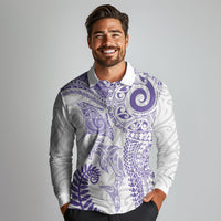 Aotearoa Maori Sea Animals Tribal Long Sleeve Polo Shirt Manta Ray and Shark Moko Pattern Purple Color LT03 - Polynesian Pride