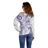 Aotearoa Maori Sea Animals Tribal Off Shoulder Sweater Manta Ray and Shark Moko Pattern Purple Color LT03 - Polynesian Pride