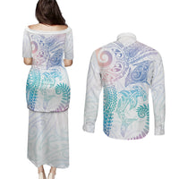 Aotearoa Maori Sea Animals Tribal Couples Matching Puletasi and Long Sleeve Button Shirt Manta Ray and Shark Moko Pattern Sweet Pastel LT03 - Polynesian Pride