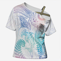 Aotearoa Maori Sea Animals Tribal Cross Shoulder Shirt Manta Ray and Shark Moko Pattern Sweet Pastel LT03 Female Multicolor - Polynesian Pride