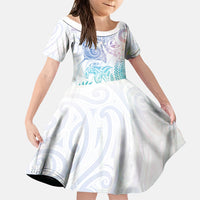 Aotearoa Maori Sea Animals Tribal Family Matching Long Sleeve Bodycon Dress and Hawaiian Shirt Manta Ray and Shark Moko Pattern Sweet Pastel LT03 Daughter's Dress Multicolor - Polynesian Pride